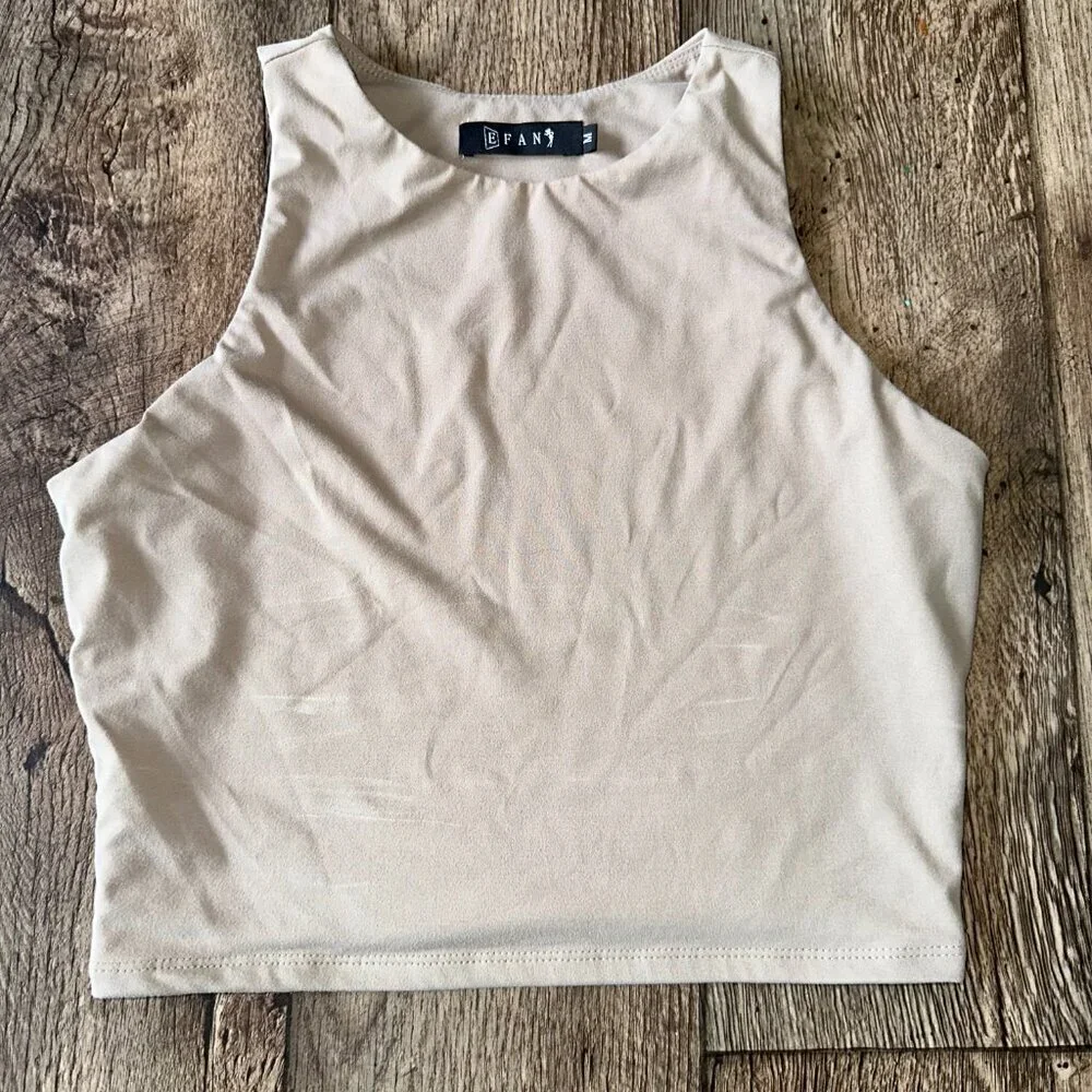 E FAN Medium Women's Taupe Tank Top Buttery Soft High Neck Cropped - Picture 5 of 12